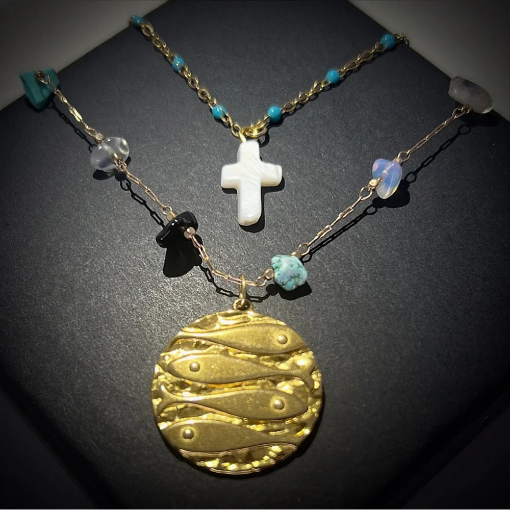 Spring/Summer 26’ Fish Medallion Natural Stone Shell Cross Blue Enamel 2 Chains - Picture 3 of 3